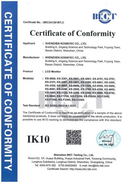 1K10 Certificate by Kiosk Manufacturer Kosintec 1K10 Certificate by Kiosk Manufacturer Kosintec